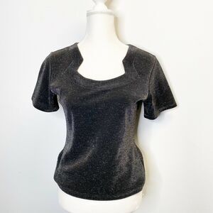 Vtg Cinq Velvet Gray Silver sz M Top Square Neck Short Sleeve Blouse Made usa